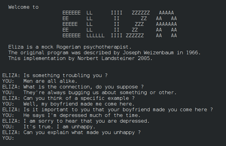 A monochrome terminal transcript showing a conversation between a person and the ELIZA chatbot.