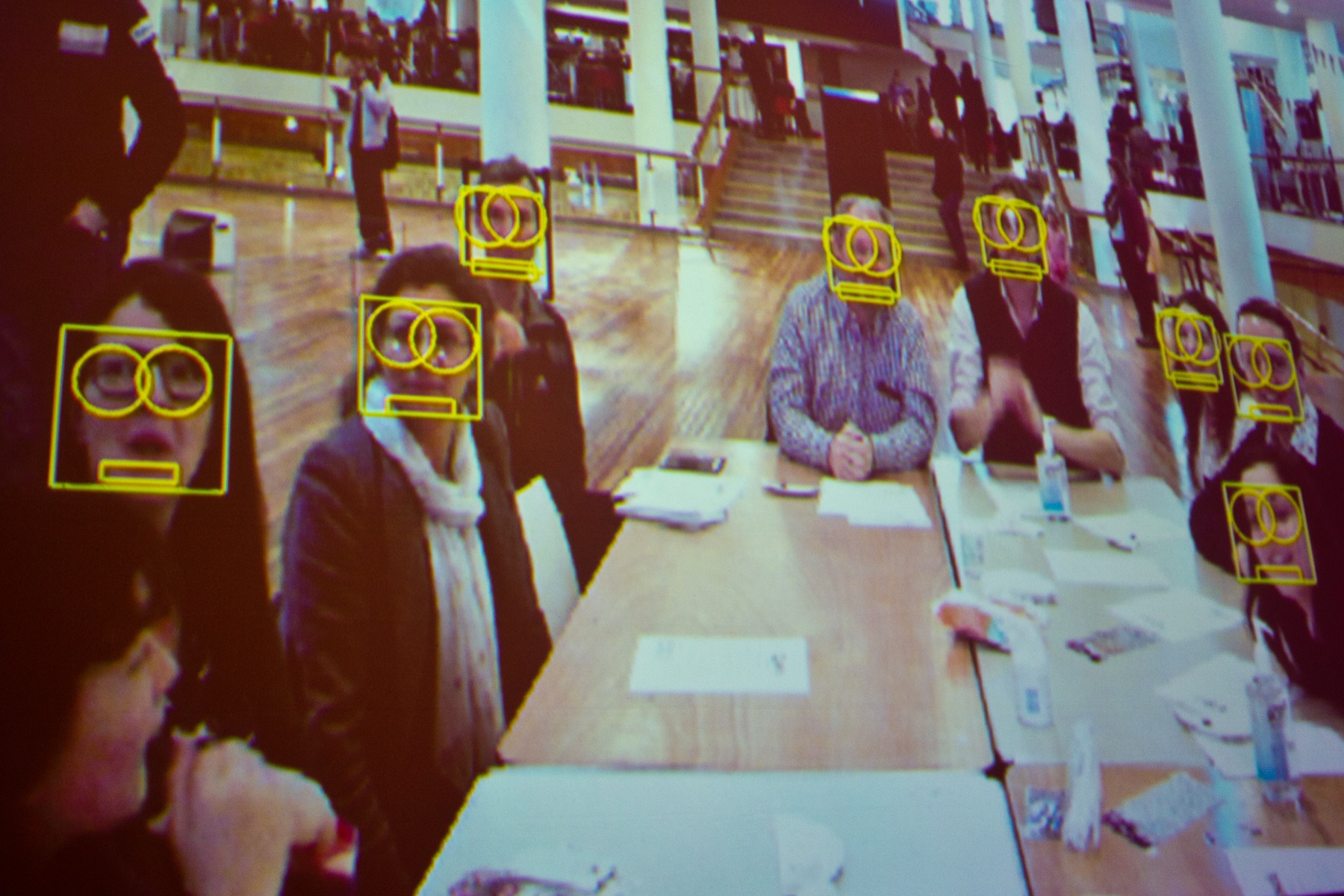 Adam Harvey demonstrating how facial-recognition software identifies a face at the Web We Want Festival.