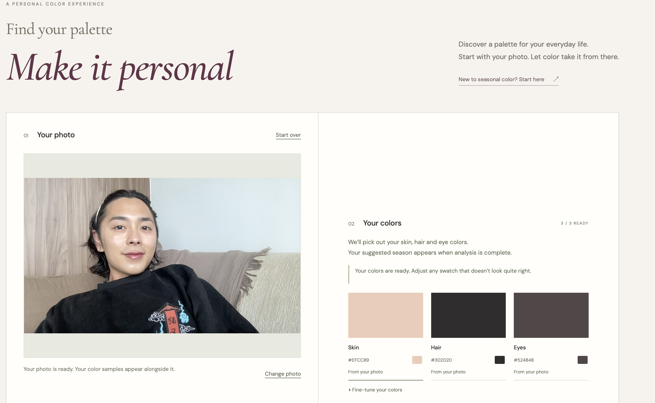 Photo capture interface showing a portrait alongside automatically sampled skin, hair, and eye colors. Users can adjust the samples before exploring their palette.