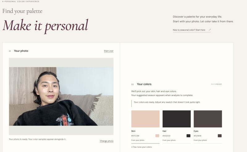 Photo capture interface showing a portrait alongside automatically sampled skin, hair, and eye colors. Users can adjust the samples before exploring their palette.