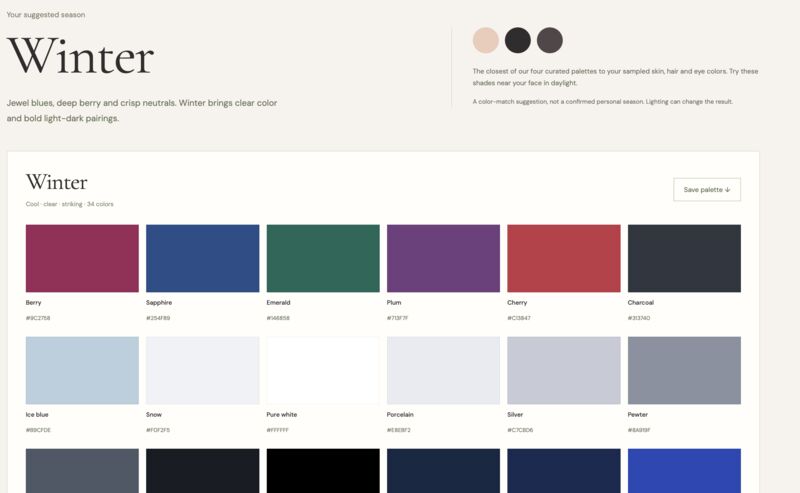 Color analysis result showing a suggested Winter palette with 34 colors, color names, HEX codes, and an option to save the palette.