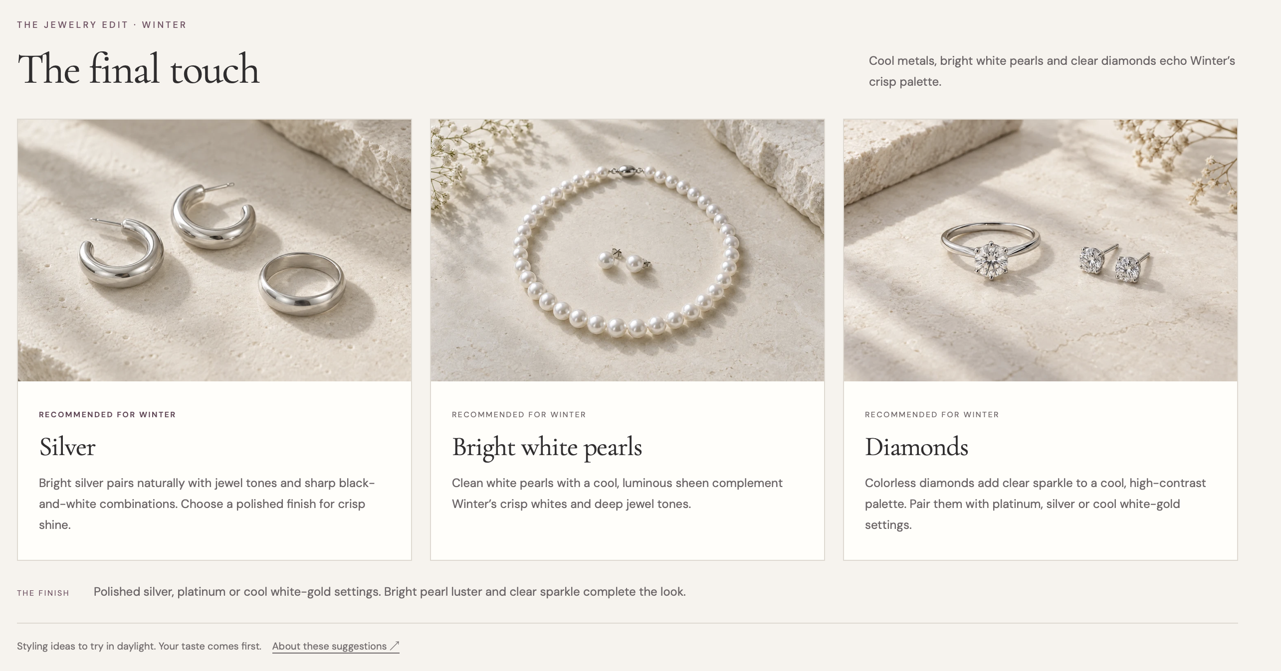 “The final touch” section presents jewelry suggestions for the Winter palette, including silver, bright white pearls, and diamonds, with images and simple styling tips.