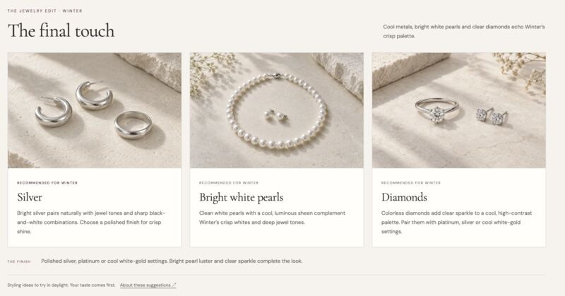 “The final touch” section presents jewelry suggestions for the Winter palette, including silver, bright white pearls, and diamonds, with images and simple styling tips.