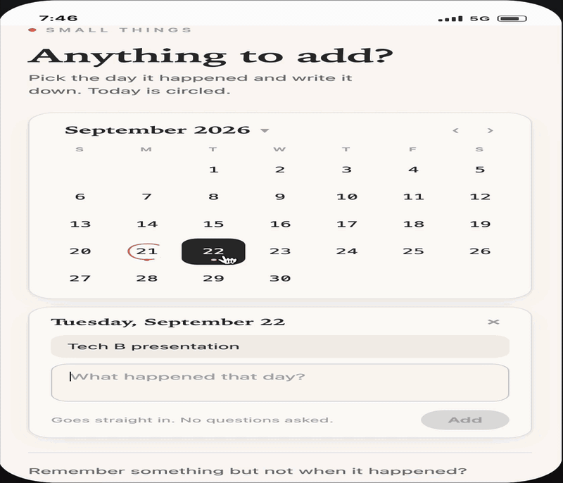 Screen recording of the final “Find the Day” prototype. The video demonstrates how a user moves from an uncertain memory to a specific date through conversation with an anonymous account.