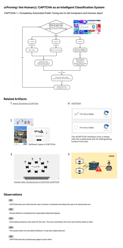 Week 1 — System Research
Research mapping how CAPTCHA systems translate human behavior into data, risk scores, and classifications.