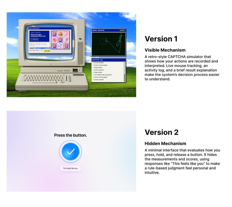 Week 3 — Interface Comparison
A comparison of three CAPTCHA interfaces that reveal, partially reveal, or hide how the system observes and judges users.